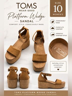 TOMS Women’s Size 10 Tan Suede Platform Wedge Sandals Cork Ankle Strap